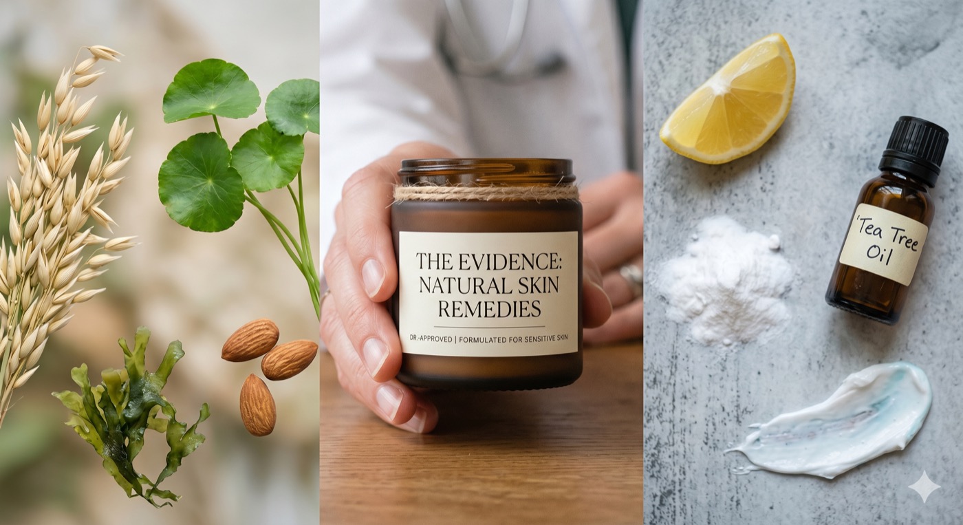 Natural skincare ingredients — oats, gotu kola, almonds and tea tree oil beside an apothecary jar
